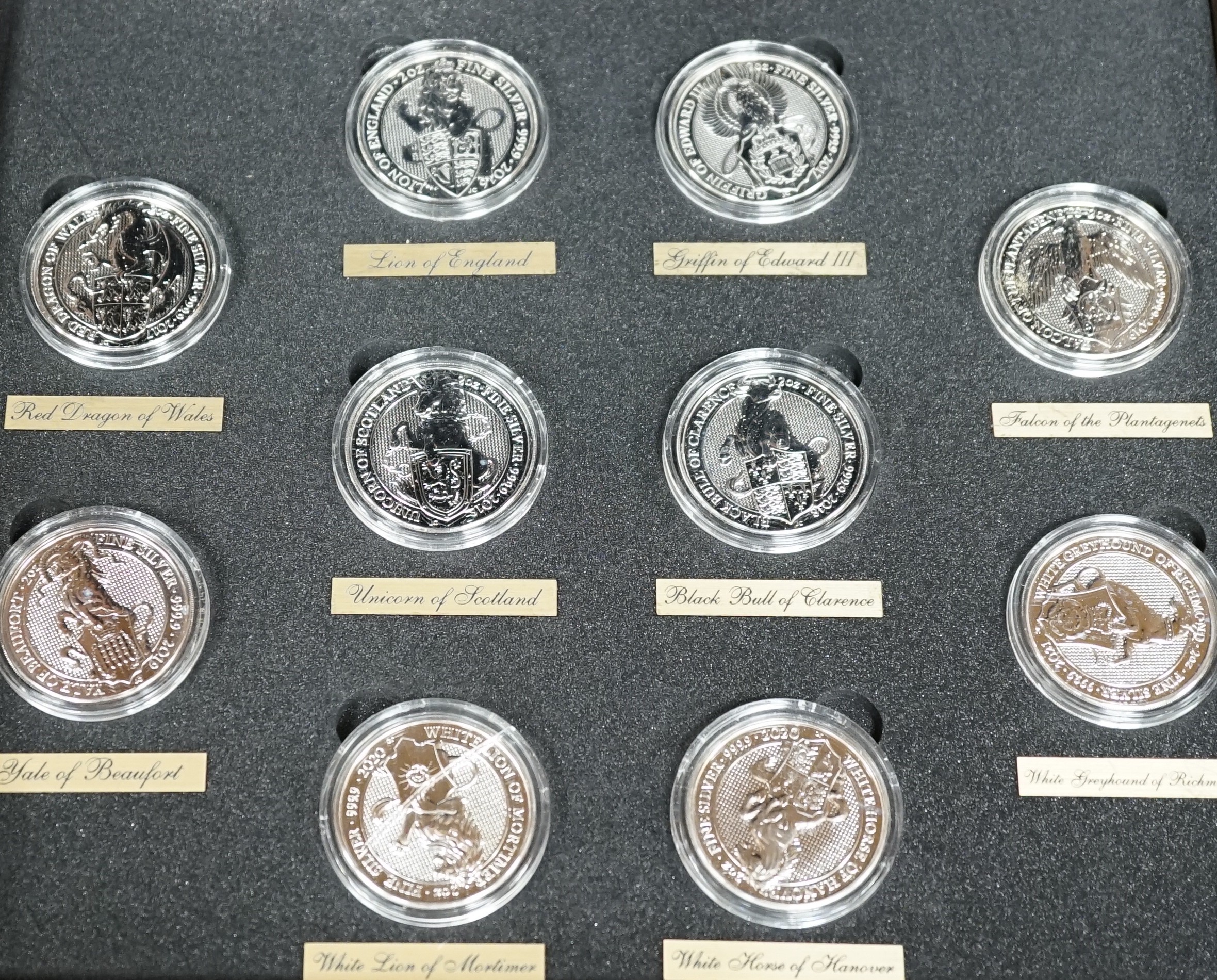 A cased set of of ten Queen's Beasts 2oz. bullion silver £5 coins